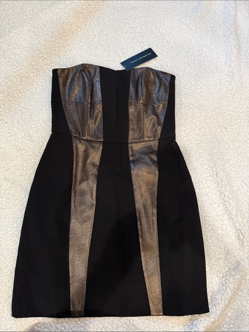 French Connection Black Strapless Dress with Metallic Bronze Panels